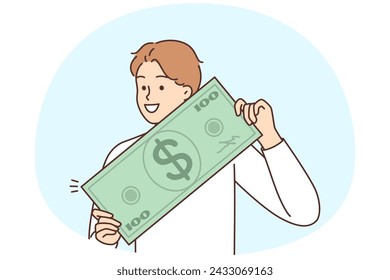 Un joven sonriente sostiene un enorme billete de un dólar en las manos para celebrar el triunfo de la lotería. Hombre feliz emocionado con el dinero, la ganancia o los ingresos. Bienestar y finanzas. Ilustración vectorial.