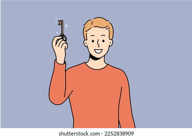 Smiling young man holding key to new house or apartment. Happy male owner excited about housing or dwelling purchase. Ownership concept. Vector illustration. 