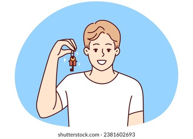 Smiling young man holding key to new house or apartment. Happy guy excited with own housing. Rent and real estate concept. Vector illustration.