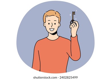 Smiling young man holding key to new house or apartment. Happy male owner excited about housing or dwelling purchase. Ownership concept. Vector illustration.