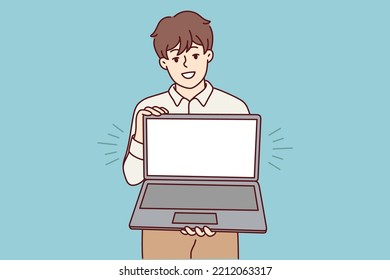 Smiling young man holding laptop with mockup screen. Happy male show empty blank copy space on computer display. Vector illustration. 