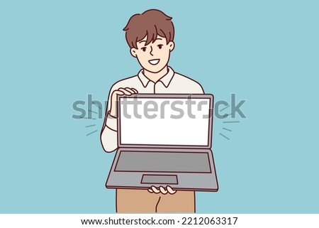 Smiling young man holding laptop with mockup screen. Happy male show empty blank copy space on computer display. Vector illustration. 