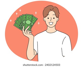 Smiling young man holding pile of cash in hands. Happy successful rich male with money stack excited about win or promotion. Vector illustration.