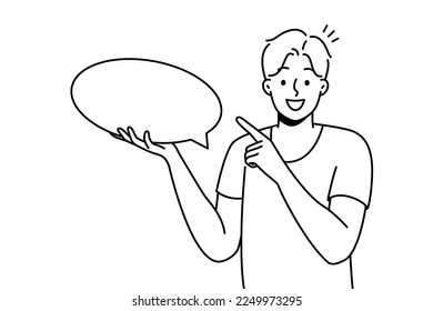 Smiling young man holding speech bubble in hands. Happy guy point at mockup empty blank copy space for advertising. Vector illustration. 