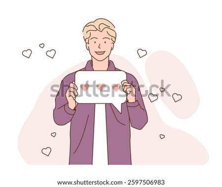 Smiling young man holding speech bubble with three heart icons, surrounded by floating hearts. Minimalistic hand-drawn style on white background. Concept of love and social media. Vector illustration