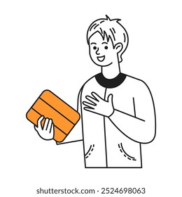 Hombre joven sonriente que sostiene el icono del Vector del color de la línea de la tableta. Estudiante masculino con el dispositivo para la ilustración en línea de los caracteres de la educación en blanco