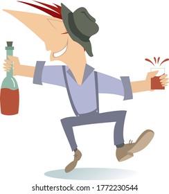 Smiling young man holds a bottle and glass with alcohol illustration. Funny happy man in the hat holds a bottle and glass with alcohol isolated on white
