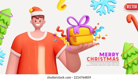 Smiling young man holds Christmas present in her hands on palm. Christmas and New Year background with realistic 3d element. Man in red santa claus hat, Xmas decorative objects. Vector illustration