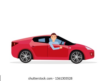 Smiling young man inside his car. Friendly driver at the wheel of car. Side view of Right-hand drive red car.Guy showing thumb up gesture. Isolated Vector flat cartoon illustration on white background