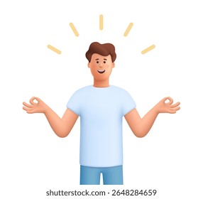 Jovem sorridente James de pé com as mãos levantadas em um gesto de meditação ou atenção plena. Meditação, paz de espírito, conceito de pensamento positivo. personagem de pessoas vetoriais 3d. Estilo mínimo de desenho animado.