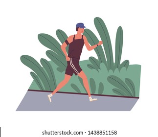 Smiling young man jogging outdoors in morning. Cute funny male athlete running along street. Daily fitness training or sports workout. Healthy activity. Flat modern cartoon vector illustration.