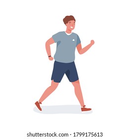 Smiling young man jogging vector flat illustration. Happy sportsman wearing sportswear during running isolated on white background. Joyful male enjoying healthy lifestyle or sports activity