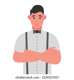 Joven sonriente con los brazos cruzados. Caricatura. Ilustración vectorial.
