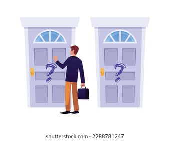 Joven sonriente tocando una de dos puertas idénticas de estilo plano, ilustración vectorial aislada en fondo blanco. Marcadores de interrogación, elección y suspenso, elemento de diseño