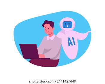 Smiling young man with laptop and robot behind him flat style, vector illustration isolated on white background. Decorative design element, modern technologies, AI