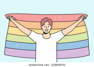 Smiling young man with LGBTq flag show support on pride parade. Happy guy express freedom of love. Homosexuality concept. Vector illustration. 