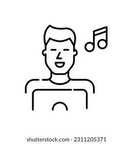 Smiling young man listening to music or podcast at his laptop. Pixel perfect, editable stroke 