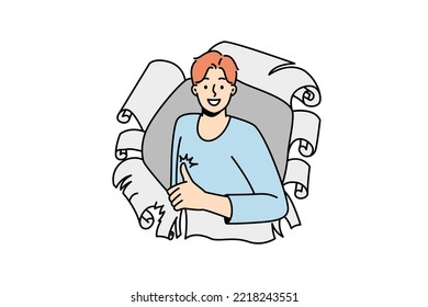 Smiling young man look from paper hole show thumb up. Happy guy recommend good service or offer. Client feedback and recommendation. Vector illustration. 