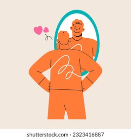 Smiling young man looking at herself in mirror. Self-love and narcissism concept. Psychological problem. Colorful vector illustration
