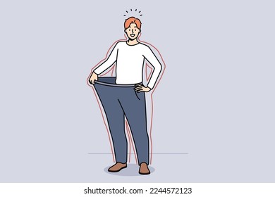 Smiling young man in loose pants show results of diet. Happy slim guy demonstrate nutrition result and weight loss. Vector illustration. 