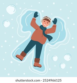 Smiling young man lying on the ground making snow angel. Happy man having fun on winter holidays, vacation. Vector illustration of winter fun