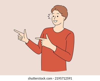 Smiling young man make hand gesture pointing aside. Happy guy demonstrate good sale deal or offer making recommendation. Vector illustration. 