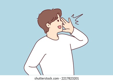 Smiling young man make hand gesture with hands screaming or making announcement. Happy guy yell or shout news to public. Vector illustration. 