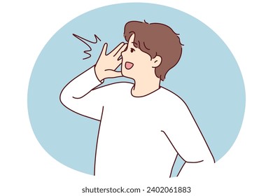 Smiling young man make hand gesture with hands screaming or making announcement. Happy guy yell or shout news to public. Vector illustration.