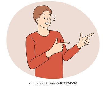 Smiling young man make hand gesture pointing aside. Happy guy demonstrate good sale deal or offer making recommendation. Vector illustration.