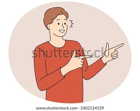 Smiling young man make hand gesture pointing aside. Happy guy demonstrate good sale deal or offer making recommendation. Vector illustration.