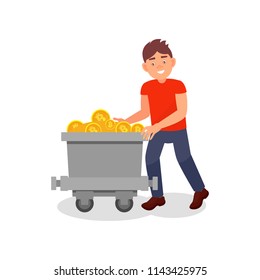 Smiling young man with mining trolley full of bitcoins, cryptocurrency mining technology vector Illustration isolated on a white background