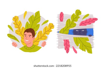 Smiling young man peeking of bushes. Cat looking through blinds cartoon vector illustration
