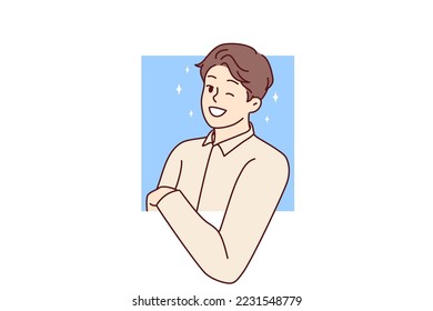 Smiling young man peeking from window. Happy guy look from hole feeling curious and interested. Curiosity concept. Vector illustration. 