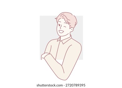 Joven sonriente asomando por la ventana. Mirada de chico feliz de todo sintiéndose curioso e interesado. Concepto de curiosidad. Ilustración vectorial.