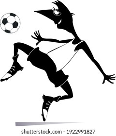 Smiling young man playing football illustration. Cartoon football player kicks a ball black on white

