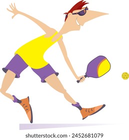 Smiling young man playing picklball.
Cartoon man plays picklball. Isolated on white background
