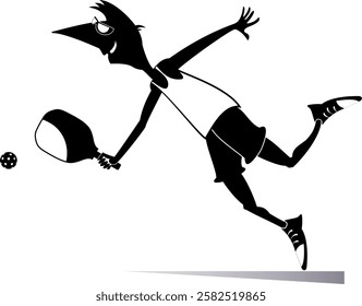 Smiling young man playing pickleball. Cartoon man plays pickleball. Black and white illustration	