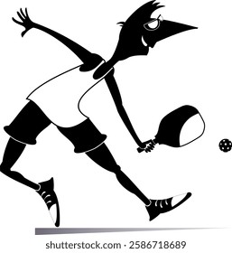 Smiling young man playing pickleball. Cartoon man plays pickleball. Black and white illustration	