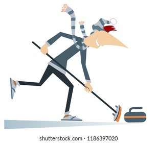 Smiling young man plays curling isolated illustration. Young man with curling brush pushes a stone towards a target isolated on white illustration vector 
