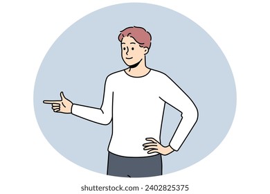 Dejando a un lado a un joven sonriente, demuestra buena oferta. Un hombre feliz recomienda la venta o la promoción. Concepto de comentarios de clientes. Ilustración vectorial.