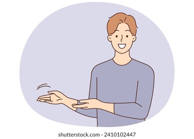 Smiling young man point at blank advertisement placement. Happy guy recommend good sale deal. Mockup empty copy space for advertising. Vector illustration.