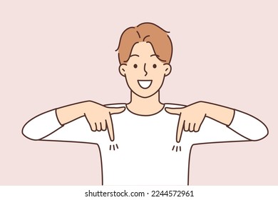 Smiling young man point down with fingers recommend good sale deal or offer. Happy guy demonstrate great promotion or discount. Recommendation. Vector illustration. 