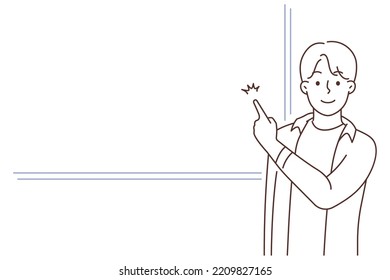 Smiling young man point empty copy space on board. Happy guy show blank mockup advertising placement. Copyspace and advertisement. Vector illustration. 