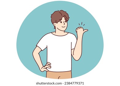 Smiling young man point at empty copy space aside. Happy male show with finger good sale deal or promotion. Recommendation. Vector illustration.