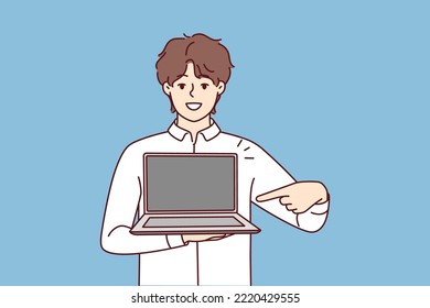 Smiling young man point at modern laptop with mockup screen. Happy male show contemporary computer. Tech and gadget application. Vector illustration. 