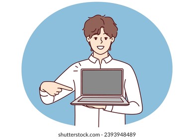 Smiling young man point at modern laptop with mockup screen. Happy male show contemporary computer. Tech and gadget application. Vector illustration.