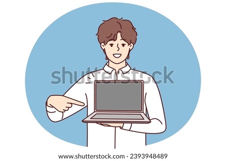 Smiling young man point at modern laptop with mockup screen. Happy male show contemporary computer. Tech and gadget application. Vector illustration.