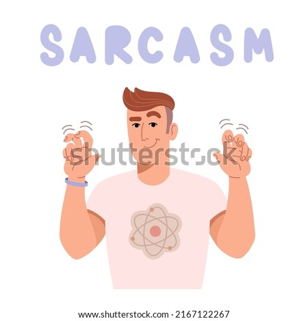 Smiling young man pointing with fingers quotation marks in flat style for print and design. Vector illustration.