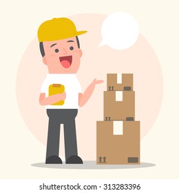 Smiling young man postal delivery with white speech bubbles - Vector Illustration