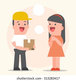 Smiling young man postal delivery a parcel at the girl customers house - white speech bubbles - Vector Illustration